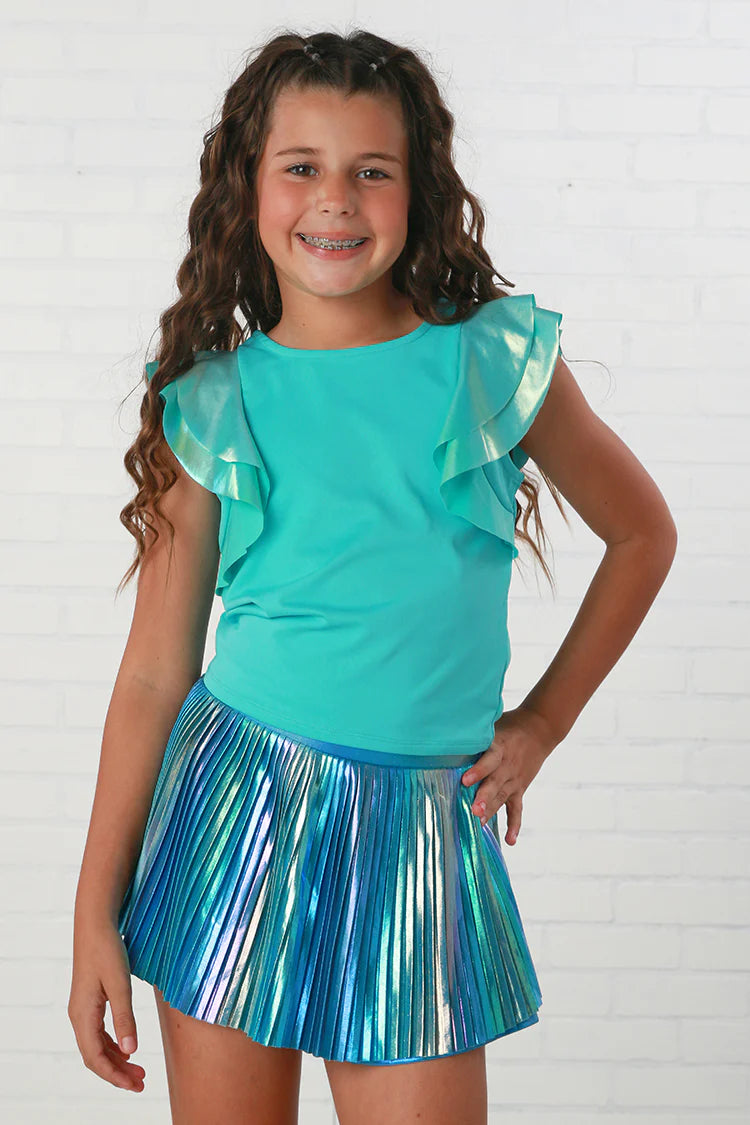 Girls Aqua Blue Flutter Sleeve Top