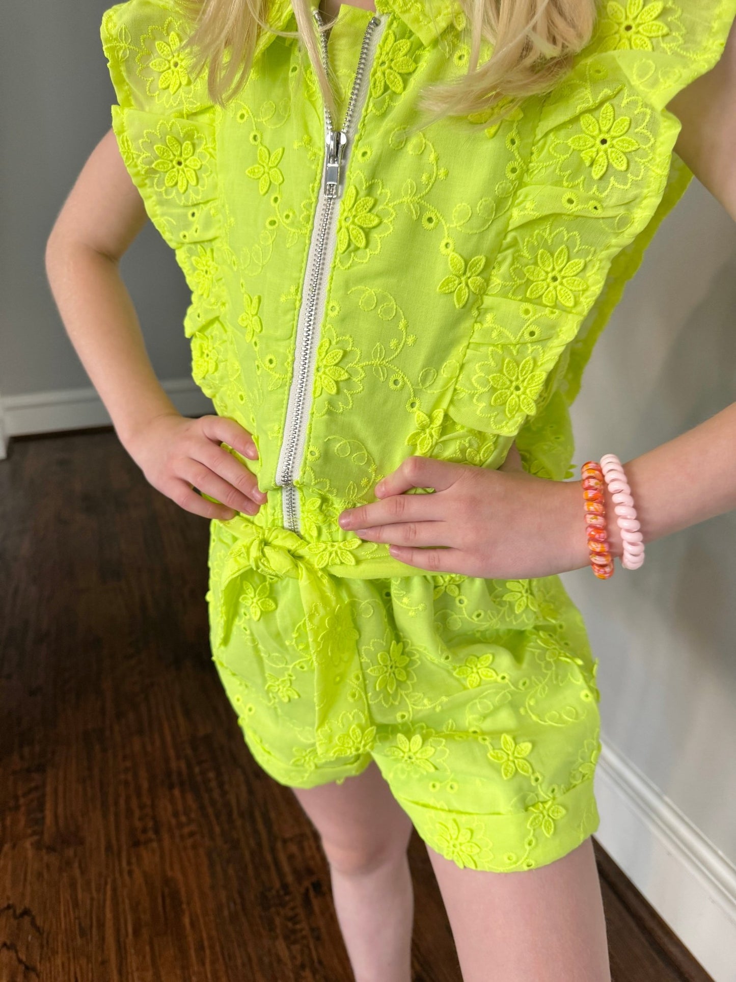 Tween Girls Neon Lime Eyelet Romper by MIA NY - YellowBrickRoad