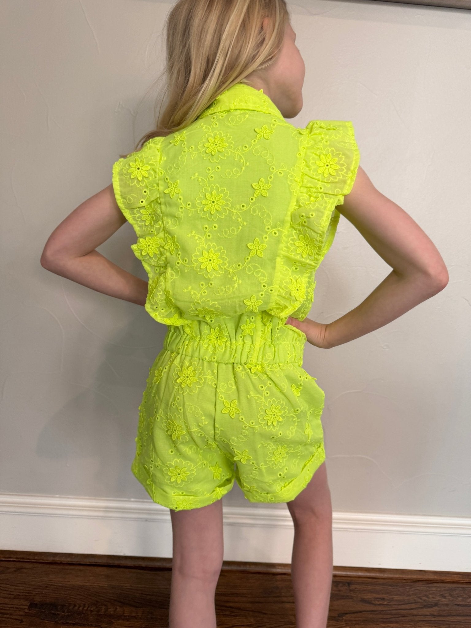 Tween Girls Neon Lime Eyelet Romper by MIA NY - YellowBrickRoad