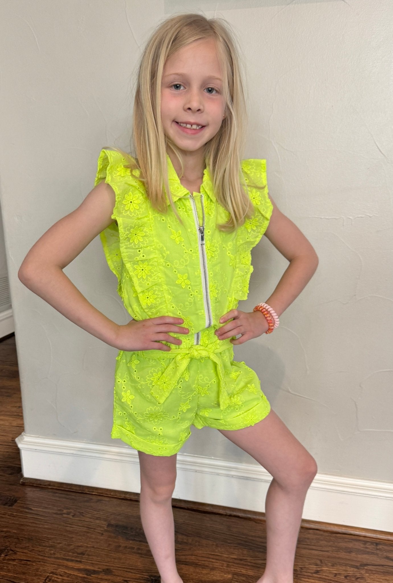 Tween Girls Neon Lime Eyelet Romper by MIA NY - YellowBrickRoad