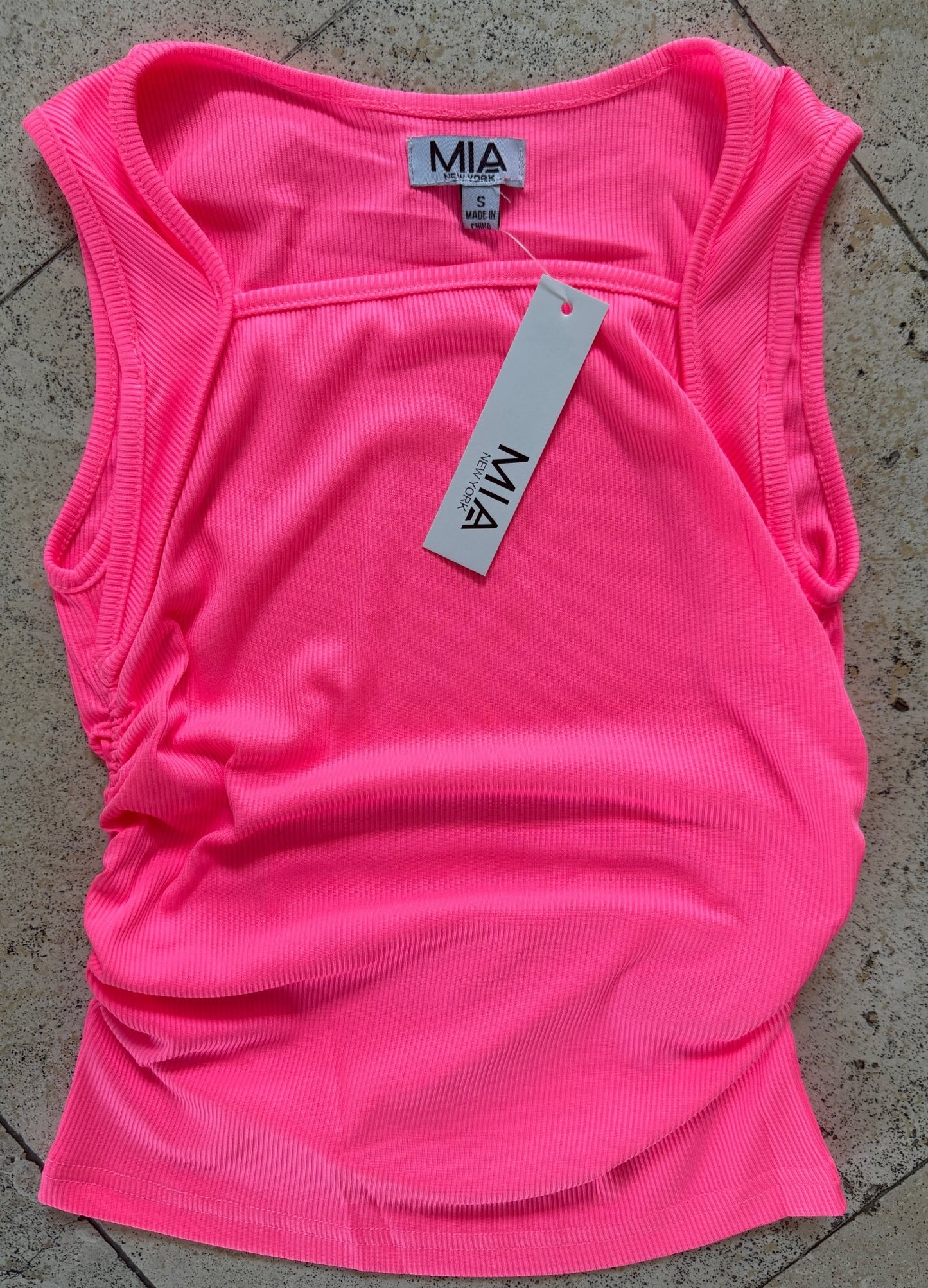 Tween Girls Neon Pink Square Neck Ruched Tank - YellowBrickRoad