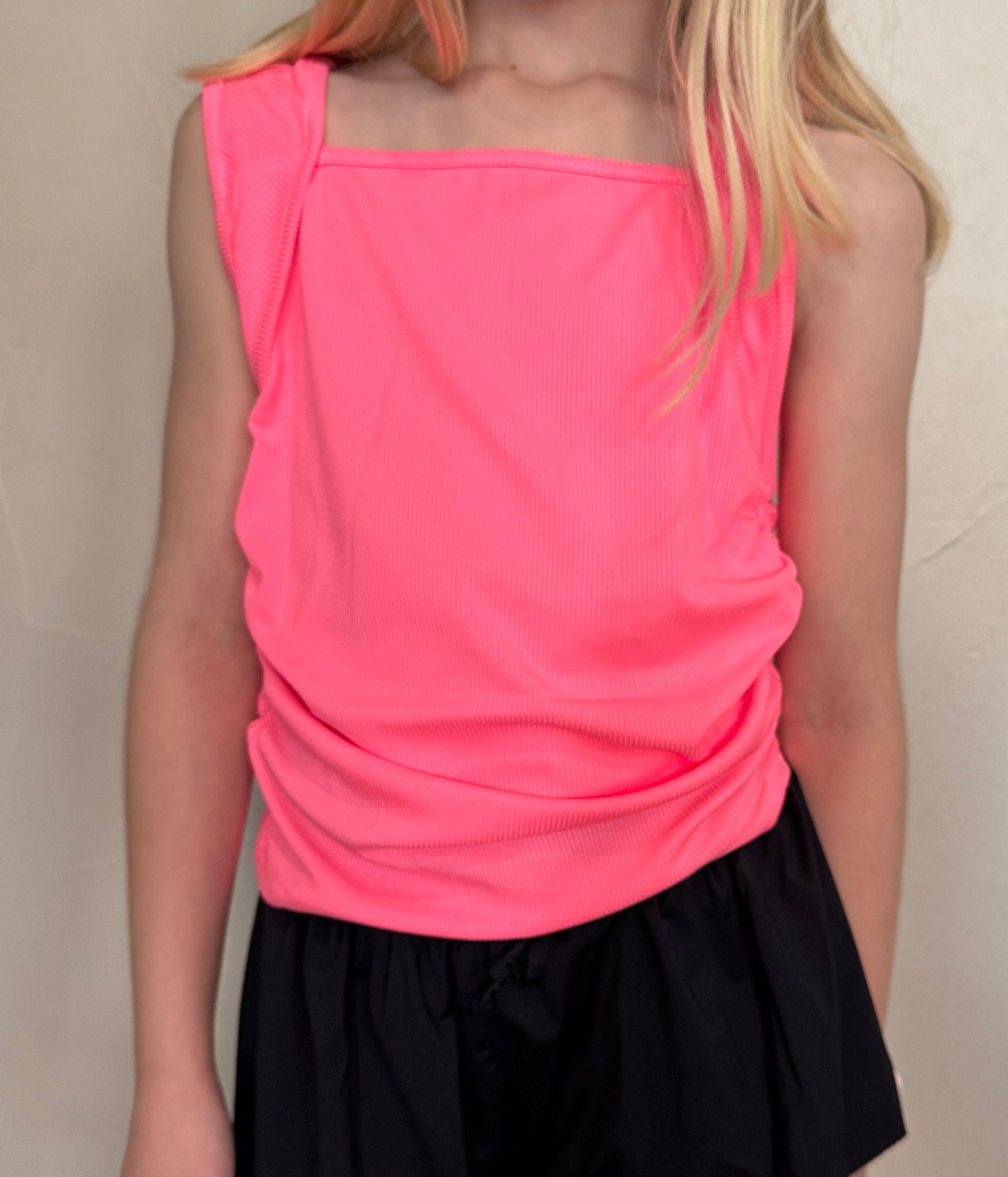 Tween Girls Neon Pink Square Neck Ruched Tank - YellowBrickRoad