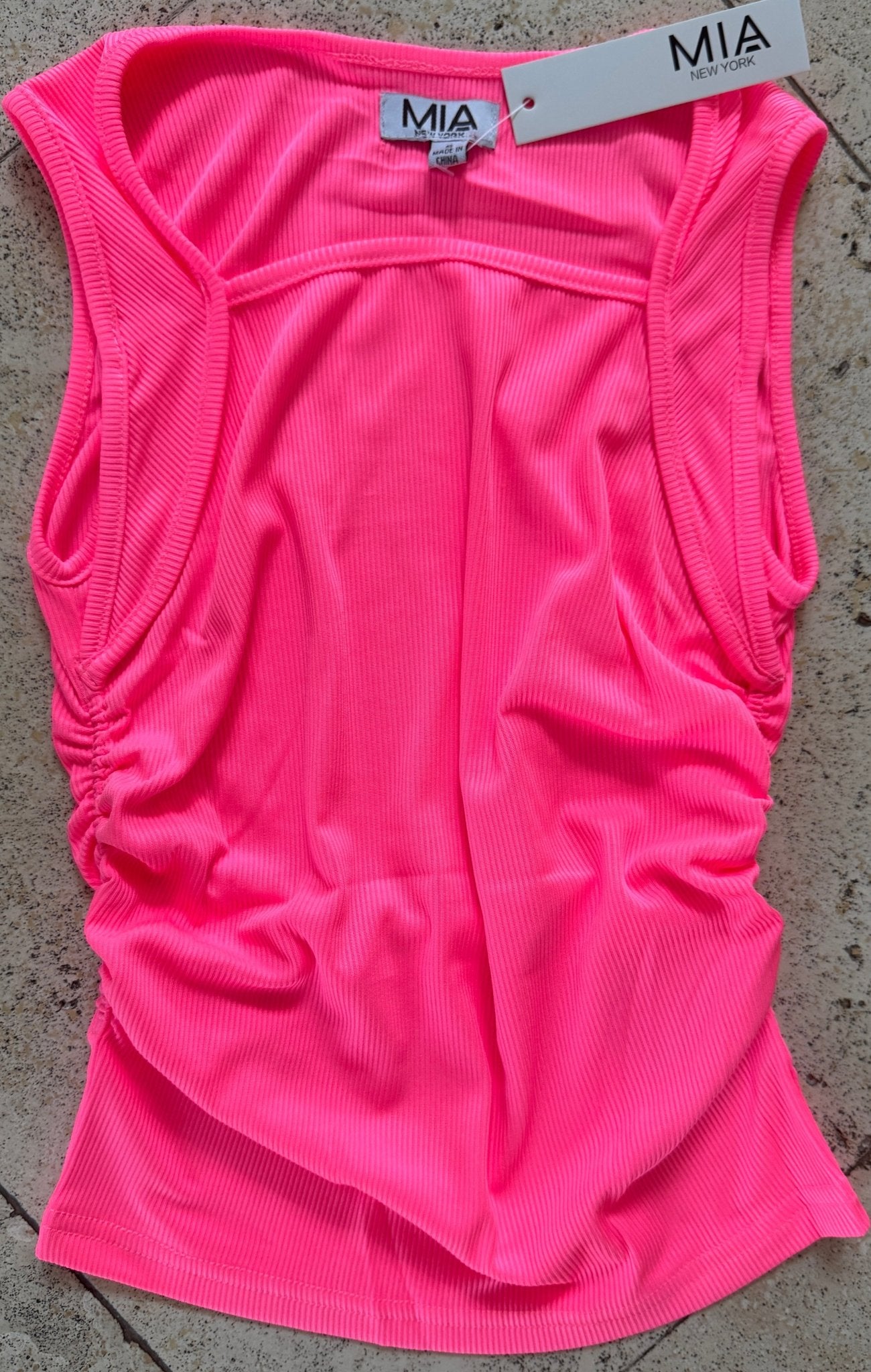 Tween Girls Neon Pink Square Neck Ruched Tank - YellowBrickRoad