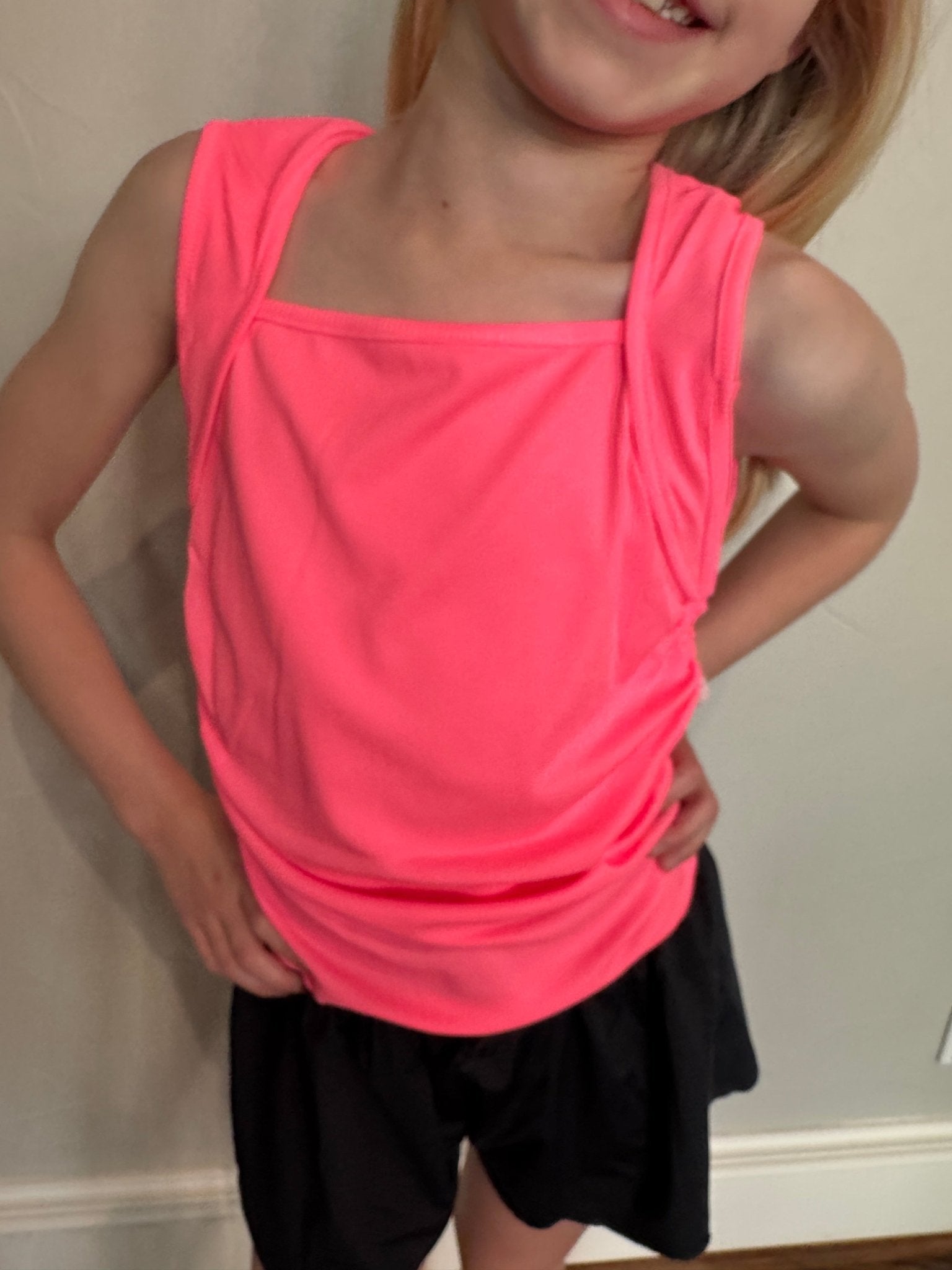 Tween Girls Neon Pink Square Neck Ruched Tank - YellowBrickRoad
